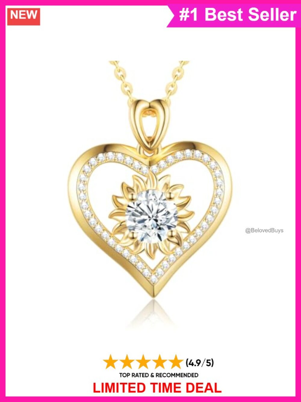 Moissanite Sunflower Heart Necklace Sterling Silver Plated Yellow Gold 17+3"